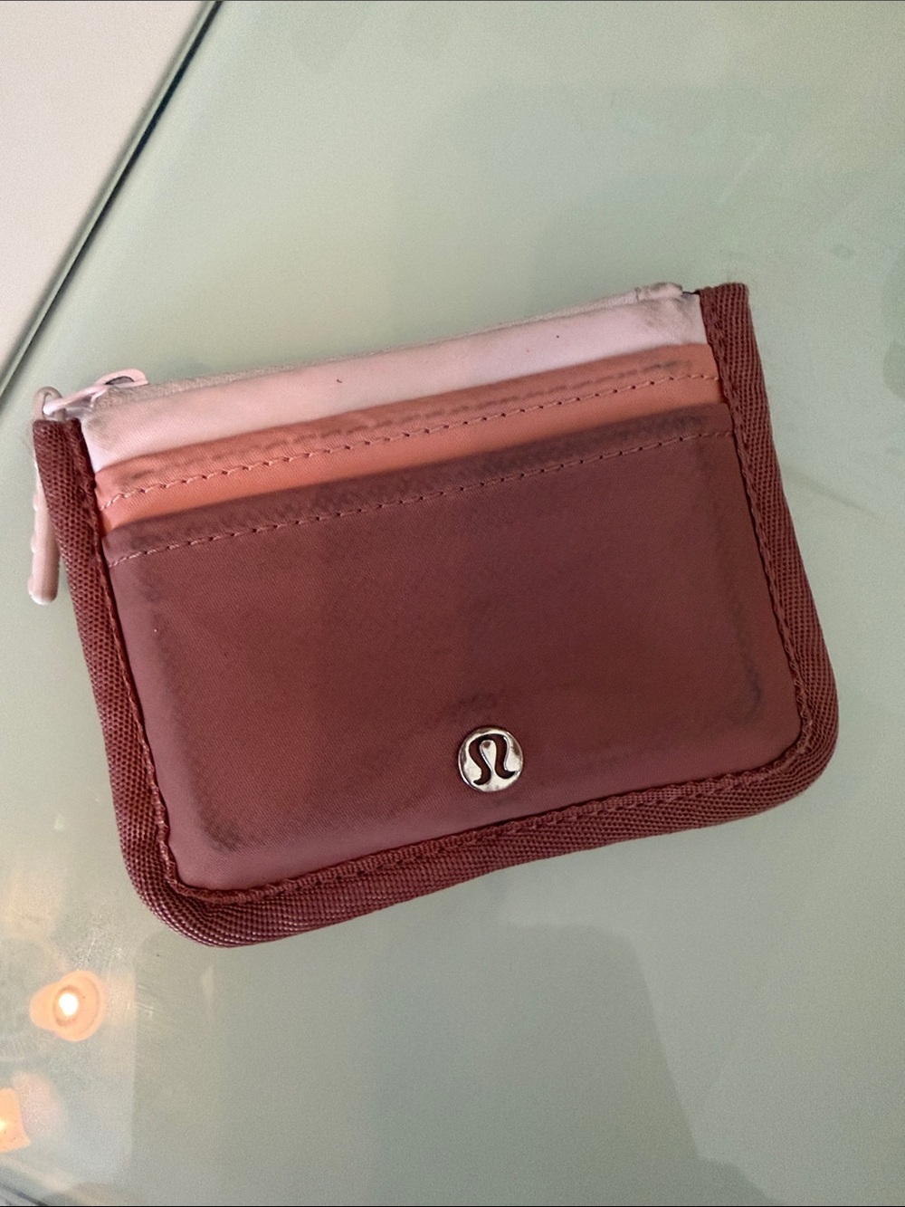 lululemon athletica small zip wallet in brown, pink, cream